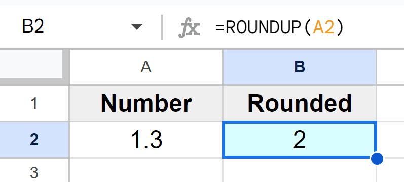 Example of How to round up to the nearest whole number by using the ROUNDUP function in Google Sheets